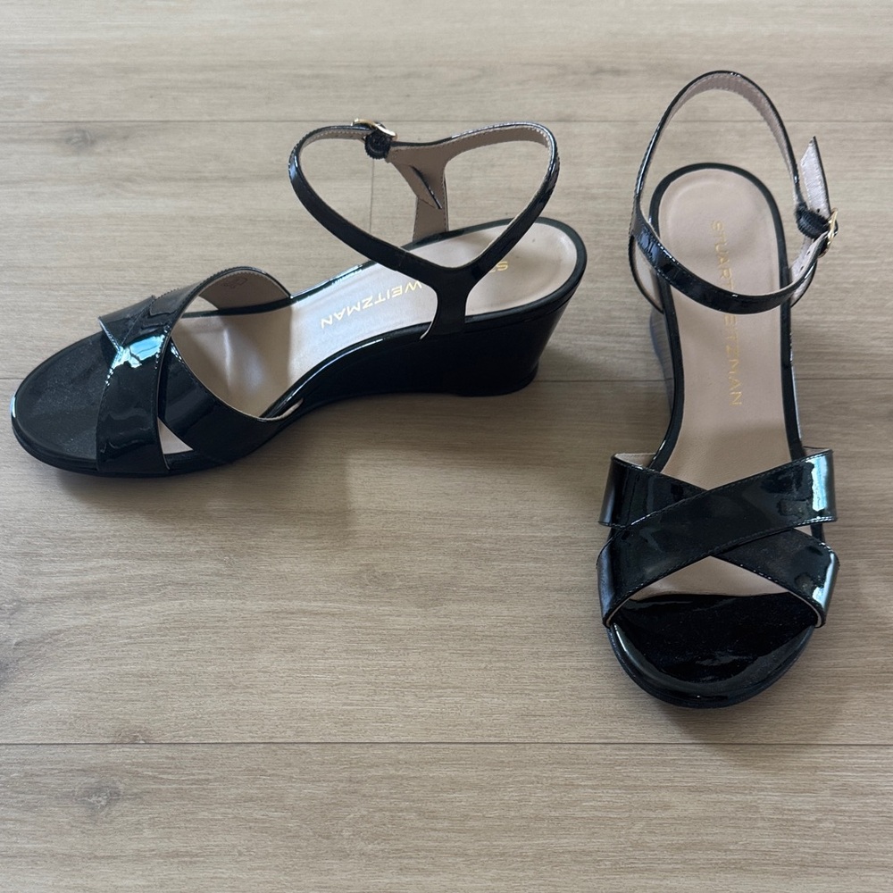 Stuart Weitzman Black Patent Leather Wedge Sandals